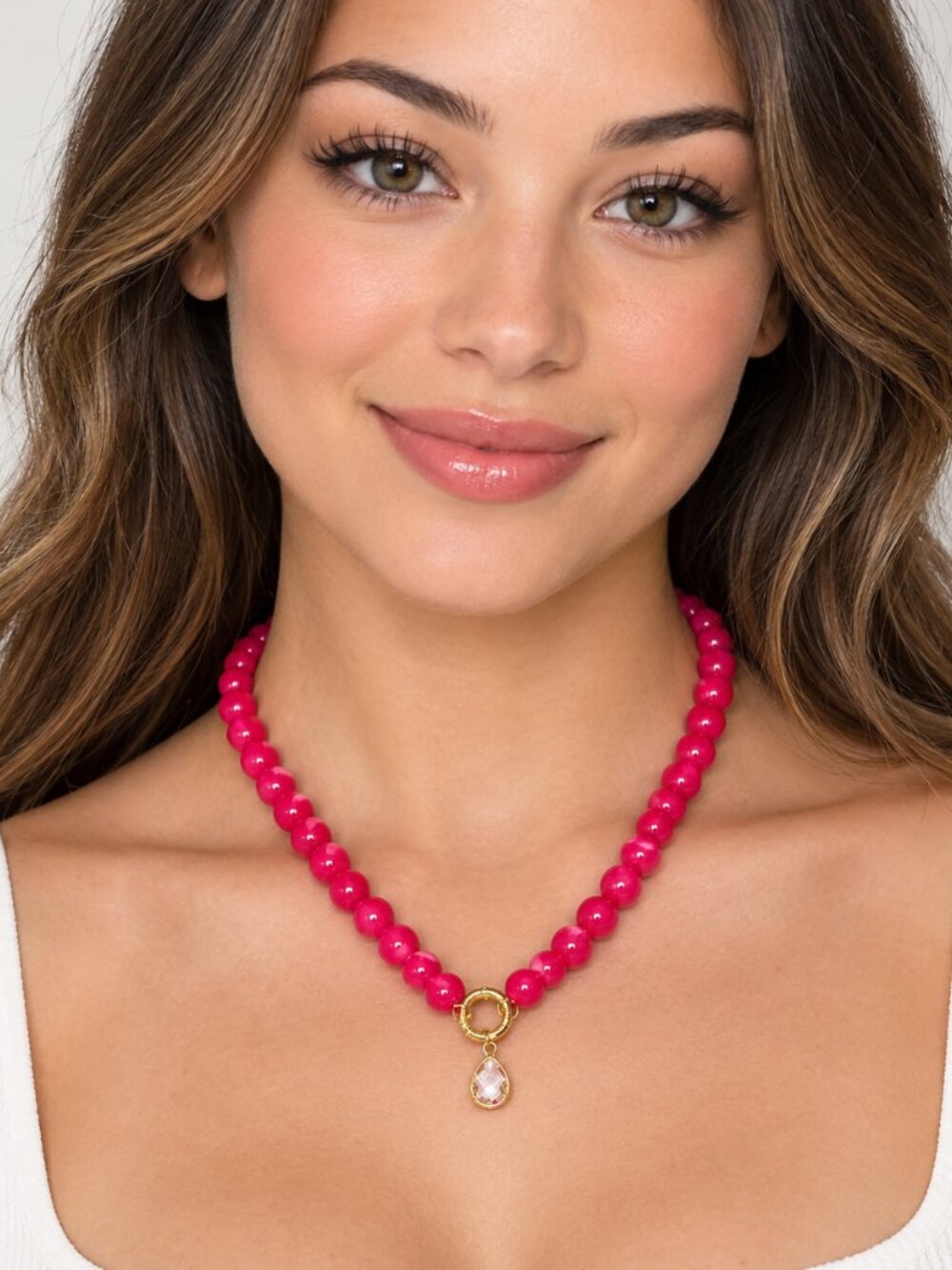 Mayamar Fuchsia Beaded Necklace Crystal Drop Pendant NEW